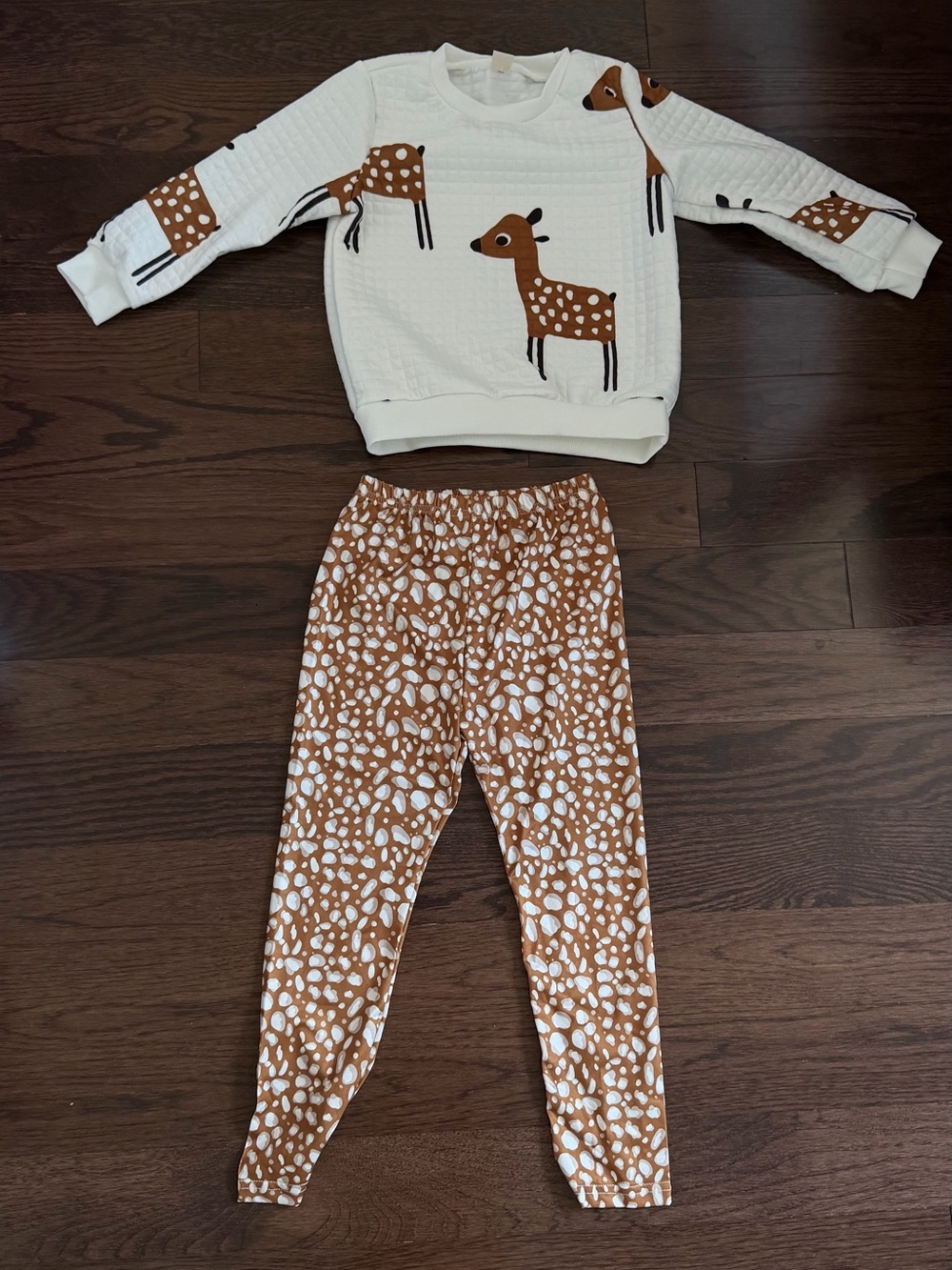 Kids Cream Deer Print Pajama Set with Brown Spot Leggings